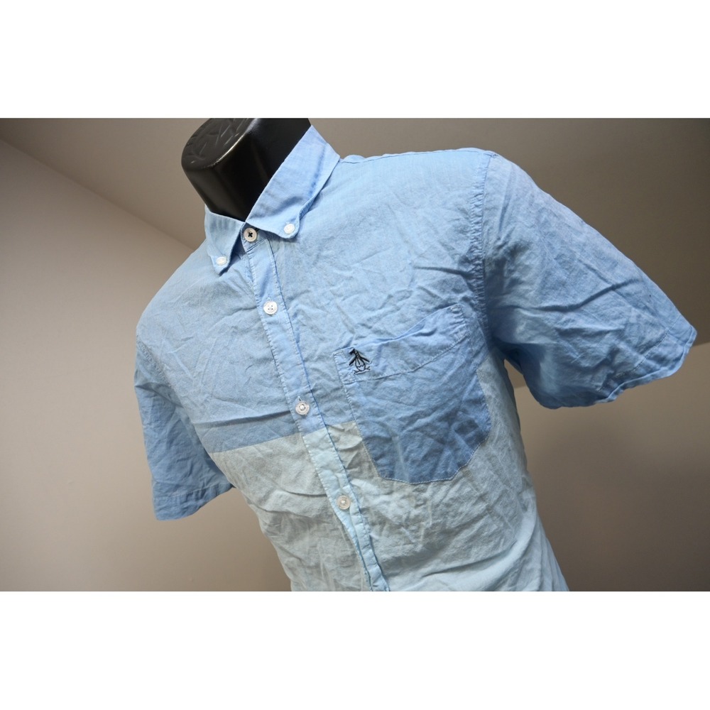 Original Penguin Button Up Dress Shirt Men Medium Classic Blue Short Sleeve EUC